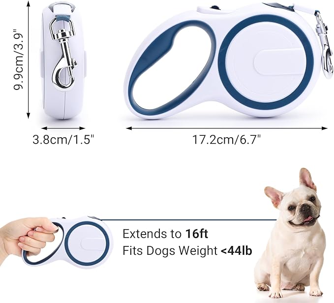 Segarty Extendable Leash, 16ft Heavy Duty Walking Dog Retractable Leash for Medium Small Dogs up to 44lb, Anti-Slip Handle 360°Tangle-Free Nylon Tape, One-Handed One Button Lock (Blue White)
