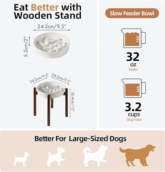 3.2 Cup Ceramic Dog Raised Slow Feeder Set, Elevated Bowl with Wooden Stand for Large Dog, 9.5inch Slow Feeder Dish for Fast Easters(1 Bowl & Stand, Reactived Glaze -White)