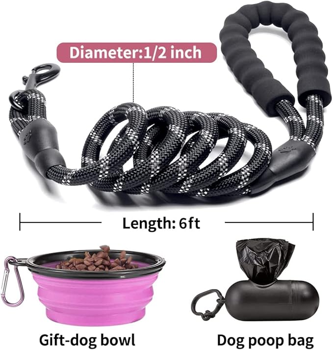 COOYOO 2 Pack Dog Leash 6 FT Heavy Duty - Comfortable Padded Handle - Reflective Dog Leash for Medium Large Dogs with Collapsible Pet Bowl Set 1-Black+Pink