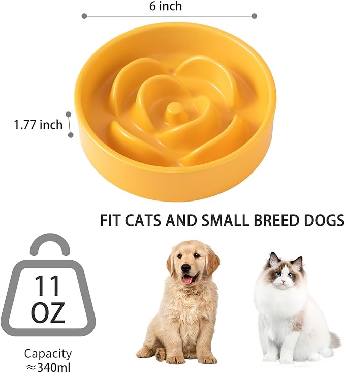 6'' Ceramic Slow Feeder Dog Bowls - Petal Shape Modern Dog Food Dish for Cats and Small Breed Dogs, Puzzle Maze Bowl to Slow Down Eating, Anti-Gulping, Dishwasher & Microwave Safe, Yellow