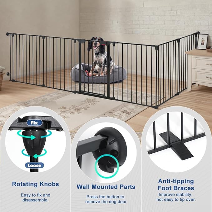 Freestanding Dog Gates with Door Walk Through, Extra Wide Doggy Door 150" W x 29" H Pet Gate Safty 6 Panels Dog Fence for Stairs, Doorways