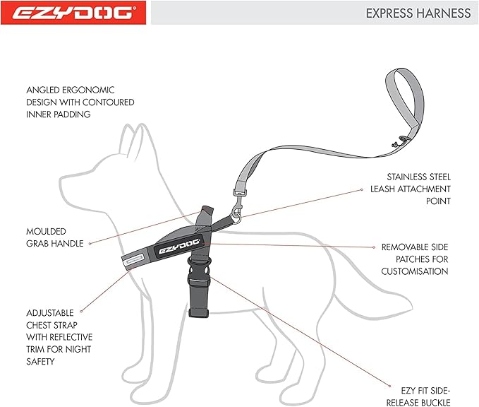 EzyDog Express Dog Harness - Adjustable Dog Harness for Large, Medium, and Small Dogs with Padded Ergonomic Anti-Chafing Design, Grip Handle, & Easy Side Buckle (S, Purple)