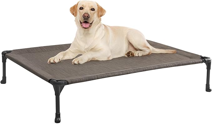 Veehoo Outdoor Elevated Dog Bed Large Sized Dogs, Cooling Raised Dog Cot Off Ground Hammock Pet Beds with Breathable Mesh, No-Slip Feet, 42"x30", Brown