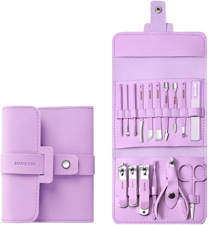 Portable Nail Clipper Set (12/16pcs), Folding Leather Nail Clipper Set, Easy Storage Manicure Kit with Clippers, Cuticle Trimmer & Care Tools, Compact Manicure Kit (Purple 16PCS)