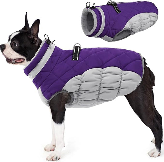 AOFITEE Dog Coat, Warm Dog Winter Coat for Small Dogs, Reflective Turtleneck Dogs Jacket with Harness Built in, Waterproof Windproof Pet Fleece Vest Snow Jacket for Cold Weather, Purple S