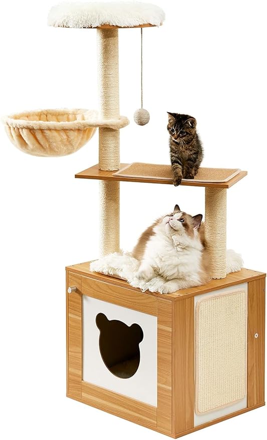 Made4Pets Cat Tree with Litter Box Enclosure, 2-in-1 Modern Cat Tower for Indoor Cats, 48.6" Wood Kitten Condo with Scratching Post and Hammock, Removable Scratch Pad for Large Cats
