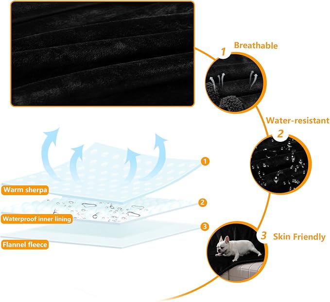 Waterproof Pet Blankets for Medium Dogs Small Cats Black Calming Pets Sherpa Blanket Fluffy Bed Sofa Couch Covers Puppy Leakproof Washable Cover for Warm-Black,M-57x40in