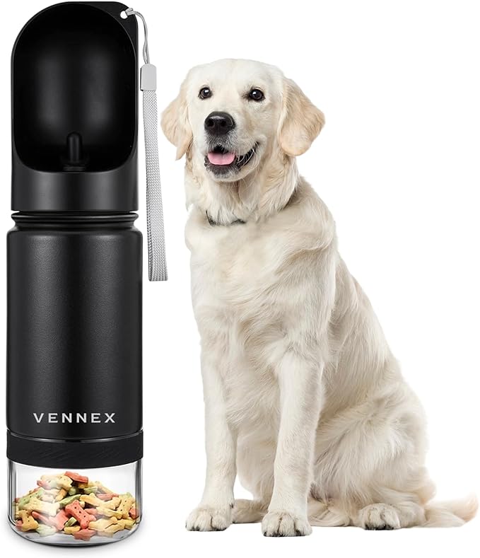 Dog Water Bottle Portable Stainless Steel Leak Proof Wide Mouth BPA Free Water Dispenser for Medium Small Dogs Pups 2 in 1 with Detachable Bowl Traveling Outdoor Walking Hiking Accessories (12OZ).