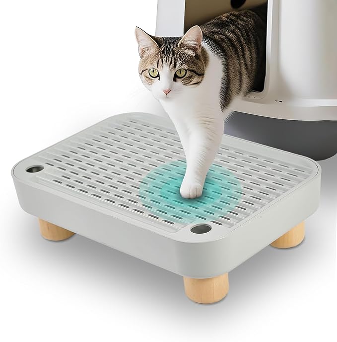 SpaceTime Elevated Cat Litter Mat for Litter Box,Trapping Litter Ramp/Steps for Floor Indoor,Washable Easy Cleaning Cat Pad with Filter Function,Suitable for Kitty & Senior Cats (Grey-Elevated Wooden)