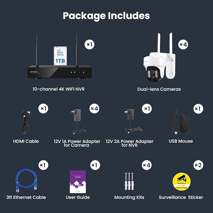 XMARTO 10X Zoom WiFi6 Security Camera System Wireless Outdoor/Indoor, 10CH 4K NVR with 4X 2K HD Dual Lens Cameras with Auto Tracking, 1TB HDD (Plug-in 24/7 Surveillance, Long Range WiFi)