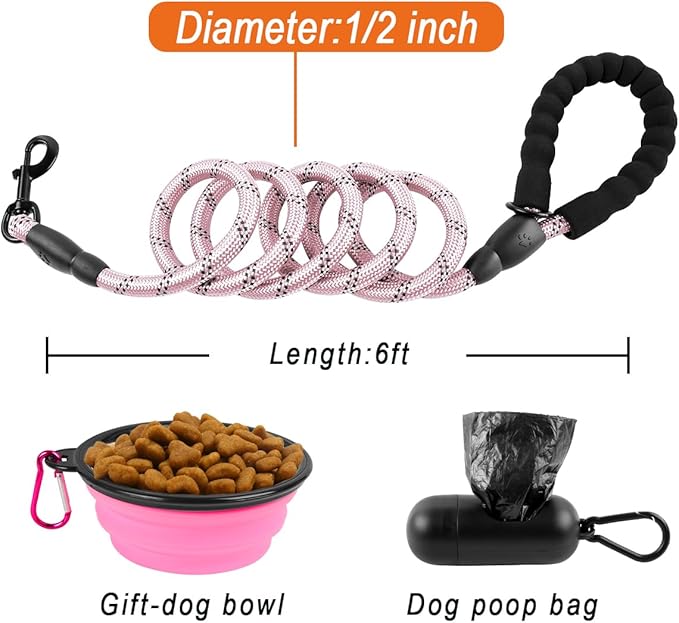 BARKBAY Dog Leashes for Large Dogs Heavy Duty Dog Leash 4/5/6 FT with Comfortable Padded Handle and Highly Reflective Threads for Medium Large Dogs Walking Training Running (6FT-1/2,Baby Pink)