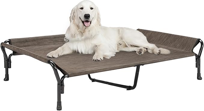 Veehoo Cooling Elevated Dog Bed, XL Raised Pet Cot with Guardrail & Slope Headrest, Durable Breathable Teslin Mesh, Non-Slip Feet, Washable Dog Couch Bed for Indoor & Outdoor, 50.5" x 33.5, Brown