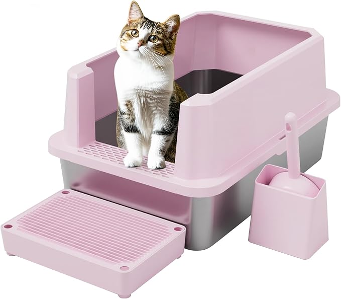 RIZZARI Large Cat Litter Box: Pink Semi-Closed Stainless Steel Litter Box with High Edges - Teflon Non-Stick Coating - Odorless Litter Pan Anti Leakage for Small to Large Cats for Bedroom Living Room