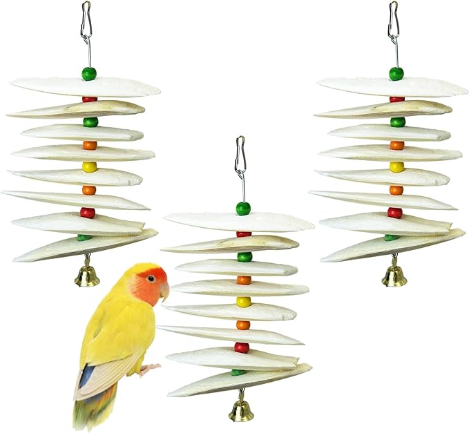 3 Pack Bird Chewing Toy Cuttlebone Parrot Toy with Bell Hanging Bird Beak Grinding Stone Parakeet Cage Accessories for Small & Medium Budgies Lovebirds Cockatiels (Flake,8 Per Skewer)