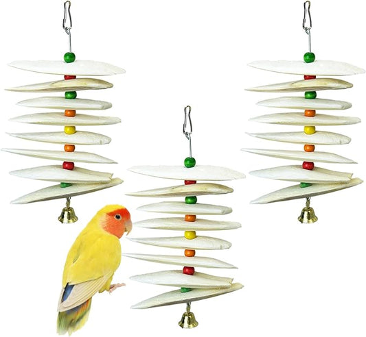 3 Pack Bird Chewing Toy Cuttlebone Parrot Toy with Bell Hanging Bird Beak Grinding Stone Parakeet Cage Accessories for Small & Medium Budgies Lovebirds Cockatiels (Flake,8 Per Skewer)
