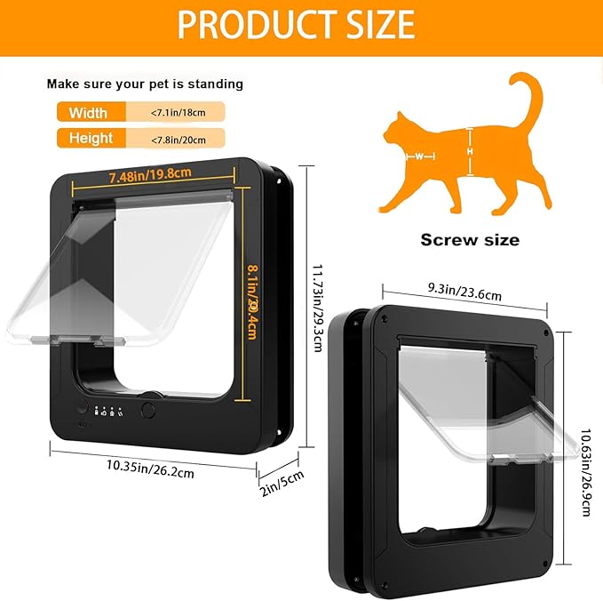 Smart Cat Door with 3 Collar Sensor & 1 Remote Control, Automatic Sensing Pet Door for Interior & Exterior, 4 Way Locking Cat Flap Pet Door with RFID Collar Activated Opening (Black)