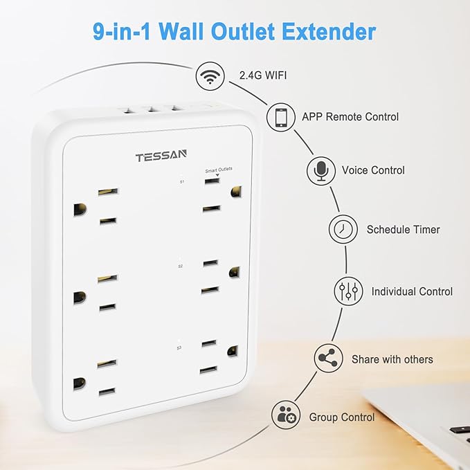 TESSAN Smart Power Strip with 6 Outlet 3 USB, WiFi Wall Smart Outlet Plug with 3 Remote Controll Outlets, Compatible with Alexa Google Assistant for Home Office, Only 2.4 GHz Wi-Fi