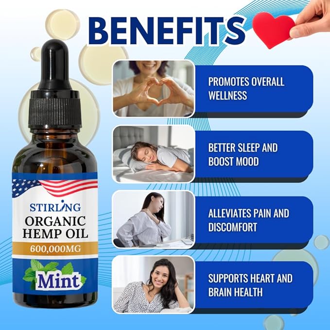 STIRLING Organic Hemp Oil - 600,000mg with Natural Mint Flavor for Enhanced Relaxation, Provides Relief and Optimal Health Support - GMO & Gluten-Free, THC-Free, Vegan, Loaded w/Omega 3 6 9 Goodness