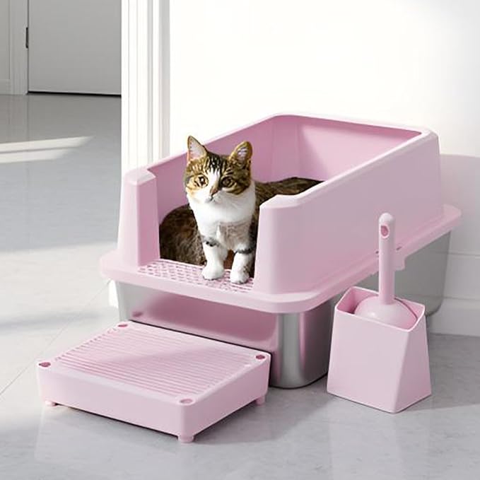 RIZZARI Stainless Steel Litter Box: Pink Leakproof Open Top Tray - Teflon Non-Stick Coating - Large Size Odor Control for Cats Under 20 lbs - with Deodorizer - 2 Pack - for Laundry Room Restroom