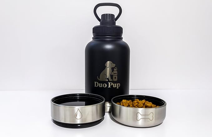 DuoPup 32oz Insulated Stainless Steel Pet Water & Food Bottle – Portable Leak-Resistant Dispenser with Two Detachable Bowls & Carrying Strap – Travel, Hiking & Outdoor Pet Hydration – Pink