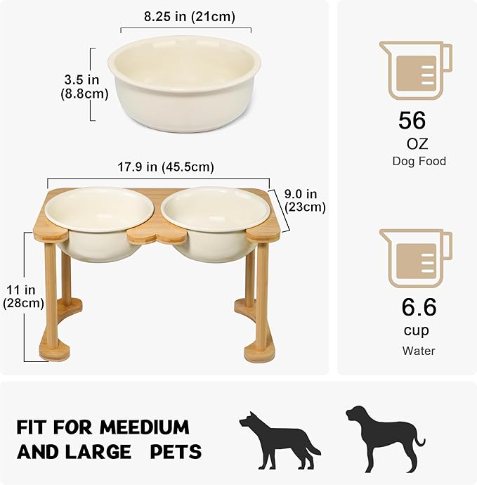 Ceramic Dog Bowls with Non-Skid Stand, Elevated Feeding Bowl for Medium Large Dogs,Raised Food and Water Dish Set, Dog Pet Feeder (11'' Tall-56OZ-Cream White)