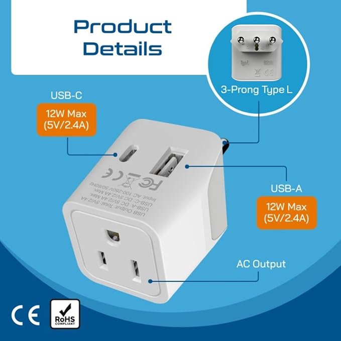 Ceptics Italy Travel Plug Adapter – Type L Italy Power Adapter with USB-C & A + USA Input –Compact, Safe Grounded for Phones, Laptops & More (CTU 12A)