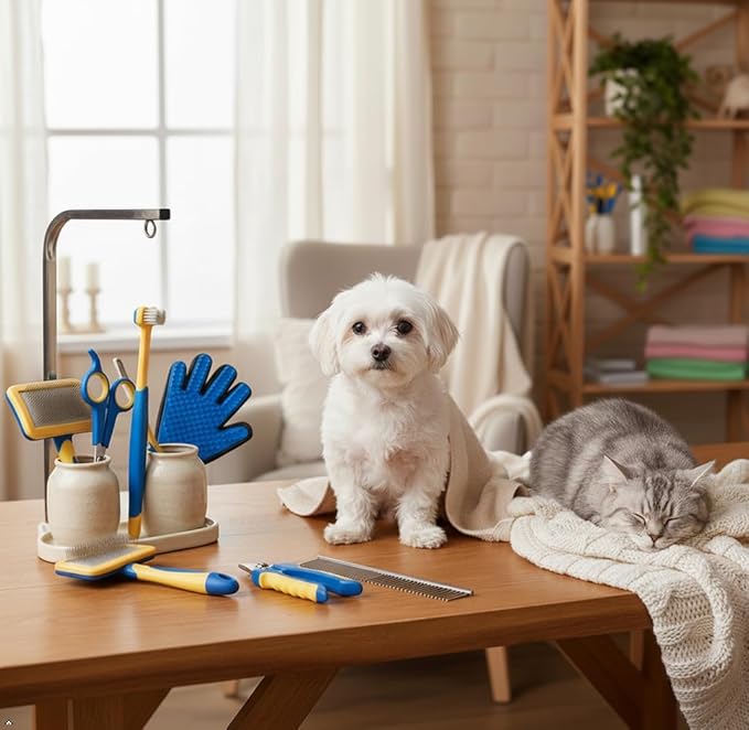 Professional 8-Piece Pet Grooming Kit for Dogs & Cats – Deshedding Brush, Nail Clippers, Scissors, Comb, Grooming,Beauty File,Collapsible Dog Bowls,pet Toothbrush,Glove & Travel Case