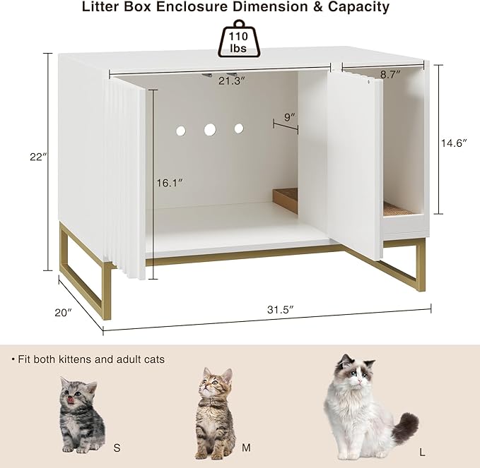 Litter Box Enclosure, Modern Cat Litter Box Furniture Hidden Litter Box with Scratch Pad, Cat Washroom House End Table, Entryway Bench for Livingroom (White)