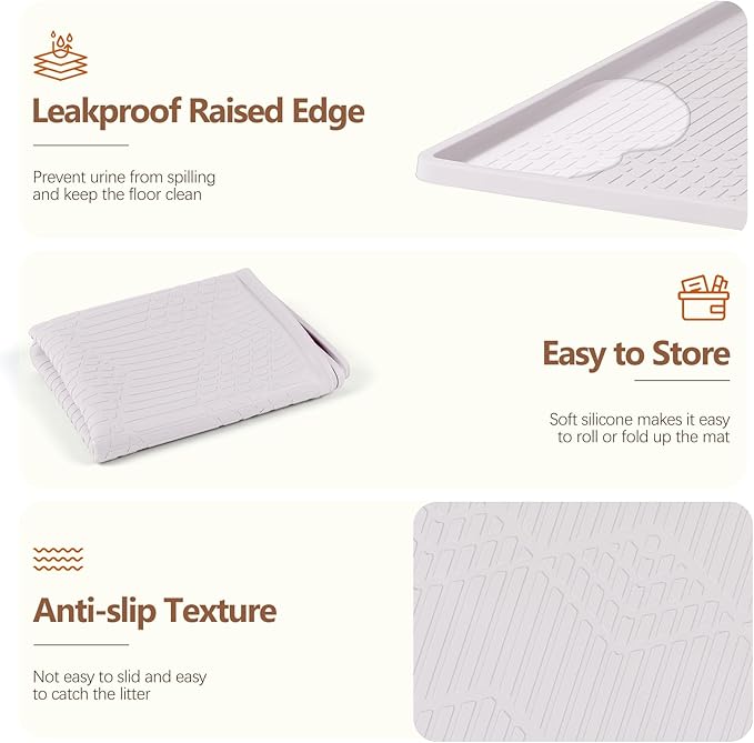 Large Cat Litter Mat with Toy Ball, 38'' x 25'' Silicone Cat Litter Trapping Mat for Scatter Control, Soft on Kitty Paws, Easy to Clean (White)