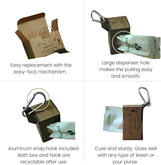 Pawtria Certified Home Compostable Dog Poop Bags (240) + Kraft Paper Dispenser, Biodegradable Poop Bags, Cat Litter, Vegetable Starches, Leak proof Dog Waste Bags, Easy to Open