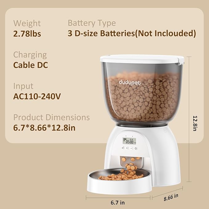 5L/21 Cup Automatic Cat Feeder, Timed Cat Food Dispenser, Automatic Pet Feeders Up to 6 Meals 1-20 Portion, Dual Power Supply Cats Feeder with Stainless Steel, Pet Dry Food Dispenser for Cats & Puppy