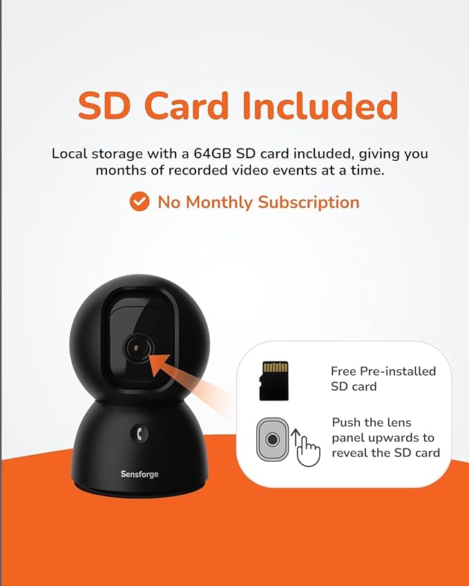 Sensforge 2.5K Black Indoor Pan-Tilt Dome Security Camera (2-Pack), AI Human & Pet Detection, 360° Coverage, Two-Way Audio, Dual-Band Wi-Fi (2.4G/5G), 64GB SD Card Included, No Monthly Fees