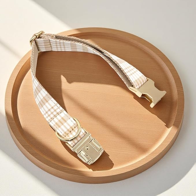 PETDURO Personalized Dog Collar Light Brown Plaid for Large Medium Dogs | Engraved Name and Phone Number on Gold Metal Buckle for Boys & Girls | Add Leash & Bow Tie via Customize Now