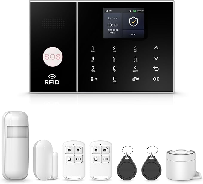 PGST Home Security Alarm System,Wireless DIY Door Sensor Alarm,PIR Motion Detector,Remote,SOS Button,Touch Screen,4G GSM/Tuya App Alert Push,Work with Google,8 Pieces Kit for Villa,Apartment