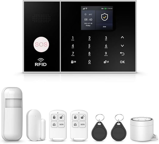 PGST Home Security Alarm System,Wireless DIY Door Sensor Alarm,PIR Motion Detector,Remote,SOS Button,Touch Screen,4G GSM/Tuya App Alert Push,Work with Google,8 Pieces Kit for Villa,Apartment