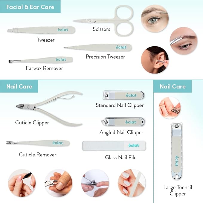 Éclat Manicure Pedicure Kit for Men & Women, 10Pcs Finger & Toe Nail Care Tools Includes Nail Clipper Cutter, Tweezer, File, Cuticle Pusher, Personal Care Professional Grooming Set With Travel Case