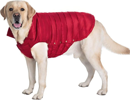 SPACE LION Dog Puffer Jacket, Down Winter Coat, Durable Outdoor Coat for Cold and Windy Conditions, Lightweight & Adjustable Fit Coats for Large Dogs, (Red, Size28/4XL)