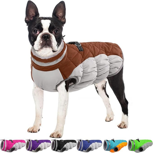Winter Dog Coat,Large Dog Jacket,Waterproof Pet Jacket with Back Zipper,Pet Coat with Harness Built in,Warm Dogs Coat with Fleece Lined,Snow Jacket Clothes French Bulldog Shiba Inu,Brown,L