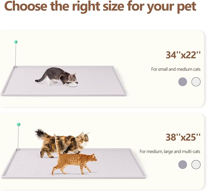 Large Cat Litter Mat with Toy Ball, 38'' x 25'' Silicone Cat Litter Trapping Mat for Scatter Control, Soft on Kitty Paws, Easy to Clean (White)