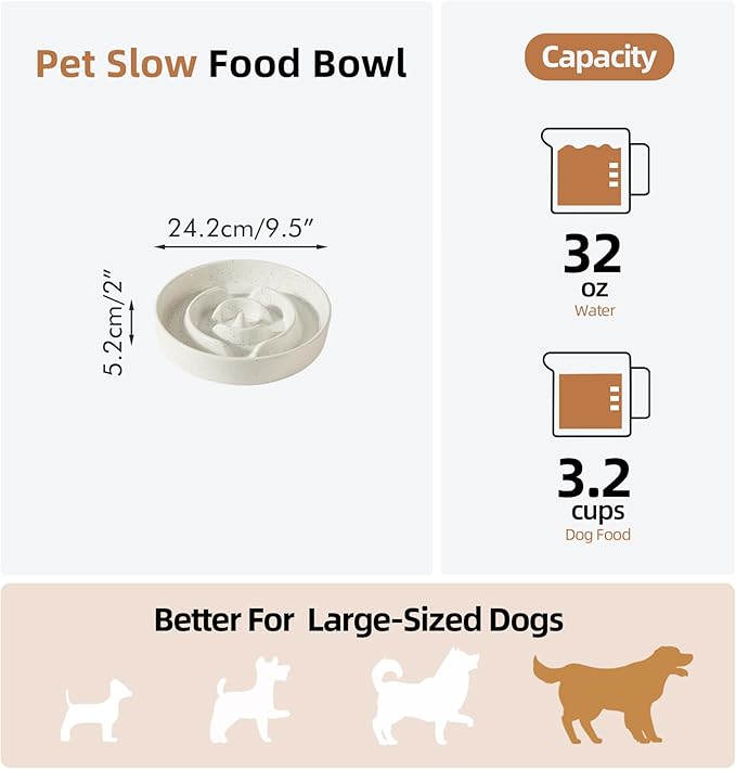 Ceramic 3.2 Cup Dog Bowl Slow Feeder for Large Dog, 9.5inch Pet Slow Dish, Stop Bloat, Preventing Choking(Single Bowl, Vanilla White)