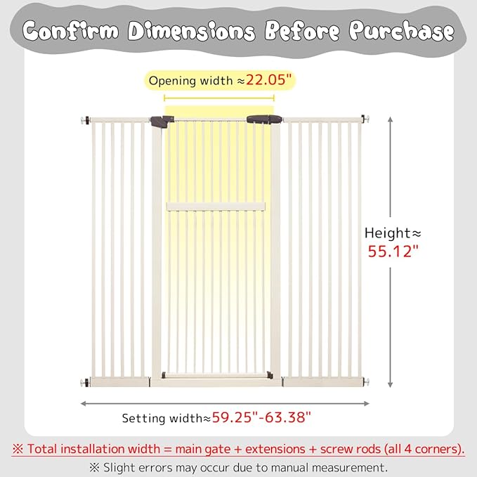 Lumizone Extra Tall Pet Gate 55.12" High Pressure Mounted 59.25"-63.38" Extra Wide (9 Sizes) 1.37" Gap for Cat Dog Stairs Doorway Hallway No Drilling Auto-Close (59.25"-63.38" W, Cream White)