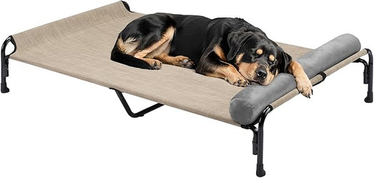 Veehoo Large Elevated Dog Bed, Outdoor Raised Dog Cot Hammock Bed with One-Sided Removable Headrest Bolster, Cooling Breathable Washable Teslin Mesh, Off Ground, Anti-Slip, XXL, CWC2204BCP