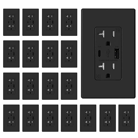 ELEGRP USB Wall Outlet, USB A & C Ports, 20 Amp Duplex Tamper Resistant Receptacle Plug NEMA 5-20R, Wall Plate Included, UL Listed, 20 Pack, Matte Black