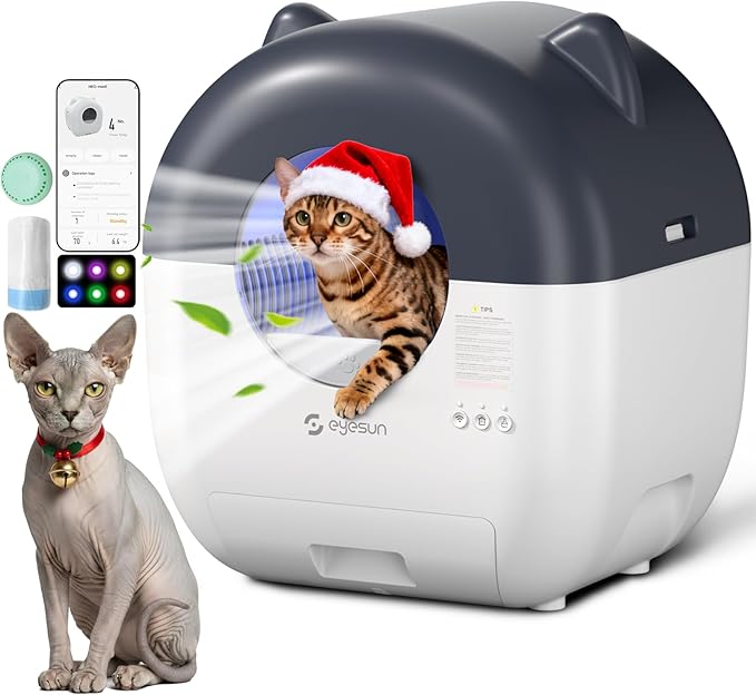 Self Cleaning Litter Box,76L Automatic Cat Litter Box Self Cleaning with APP Control,Low Noise,Safety Protection,Roll Garbage Bags,Deodorizer and Cleaning Brush for Multiple Cats,Xmas