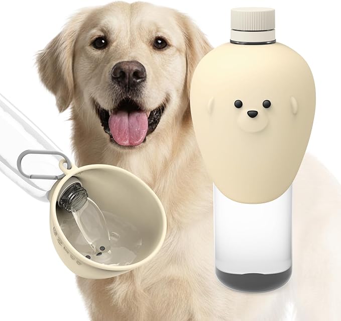 Portable Dog Water Bottle Bowl, for Travel, for Outdoor Activities, BPA Free Silicone Body, Easy to Clean, Dishwasher Safe, Carabiner Included (Ivory)