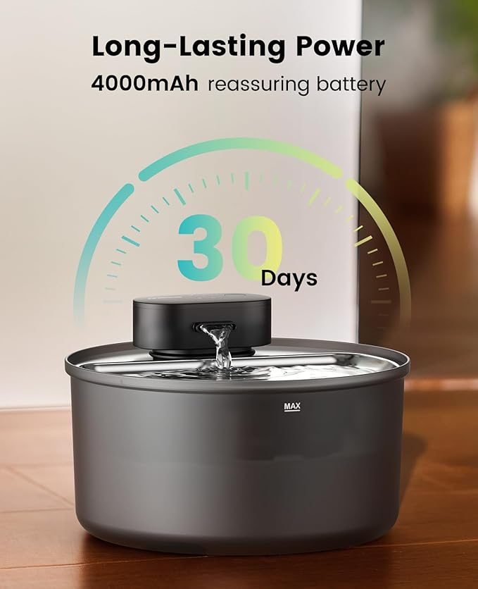 oneisall Cat Water Fountain Stainless Steel Tray: 108oz/3.2L Wireless Pet Fountain for Cats Indoor, Battery Operated Automatic Water Dispenser for Drinking, Ultra Quiet SilentFlow™, Motion Sensor