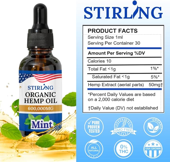 STIRLING Organic Hemp Oil - 600,000mg with Natural Mint Flavor for Enhanced Relaxation, Provides Relief and Optimal Health Support - GMO & Gluten-Free, THC-Free, Vegan, Loaded w/Omega 3 6 9 Goodness