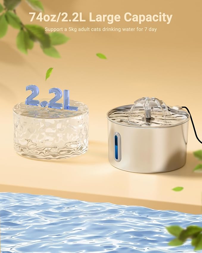 Cat Water Fountain Stainless Steel - 74oz/2.2L Pet Dog Water Dispenser Automatic Silent Cats Dispenser for Drinking Indoor Metal Kitty Spout Fountains with 3 Filters & 3 Sponges Christmas Stuff Gifts