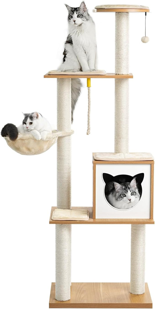 Made4Pets Cat Tree, Modern Cat Tree Tower for Indoor Cats - 65" Tall Wood Condo with Hammock, Scratching Post and Removable Pads for Small Large Cats, Beige