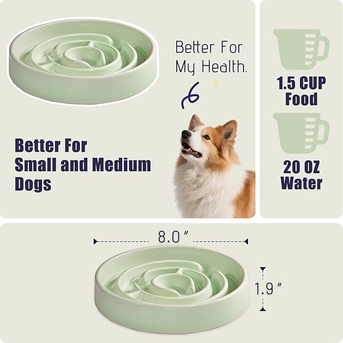 Ceramic Slow Feeder Dog Bowl,1.5 Cups Pet Slow Feeder for Small and Medium Breed,Puzzle Dog Food Dish,Anti-Gulping,Stop Bloat,Preventing Choking(Green)